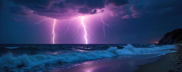 Breathtaking Epic Storm Lightning Strikes Dark Sea, Waves Crashing on Shore