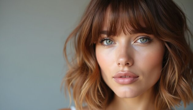 Brunette woman face with modern shoulder-length shag hairstyle with bangs. Soft, trendy hair cut. Textured layers, warm caramel bronde hair color with soft natural skin makeup. Beauty portrait.