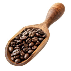 Fototapeta premium Roasted coffee beans in wooden scoop against light tan background showcasing natural texture and color, roasted coffee beans in wood scoop isolated on transparent Transparent background.