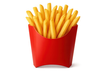French fries spilling out of a bright red carton container, isolated on a transparent background, ready for compositing