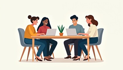 Diverse team meeting around table with laptops. Group of coworkers collaborating on project, sharing ideas, brainstorming. Modern office, teamwork, business, technology concept. Focus on