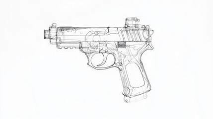 Detailed illustration of a semi-automatic handgun showcasing design features and mechanisms in a clear outline style