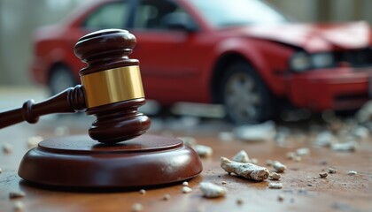 Gavel on sound block with blurred red car background. Automobile accident law concept. Courtroom, legal system, car crash, insurance, damage claim, road safety, justice.