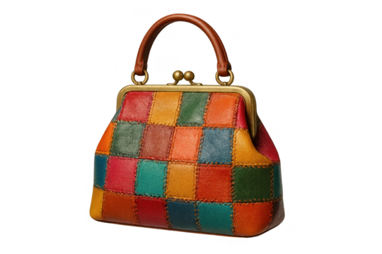 Colorful patchwork handbag with a vibrant design isolated on transparent background