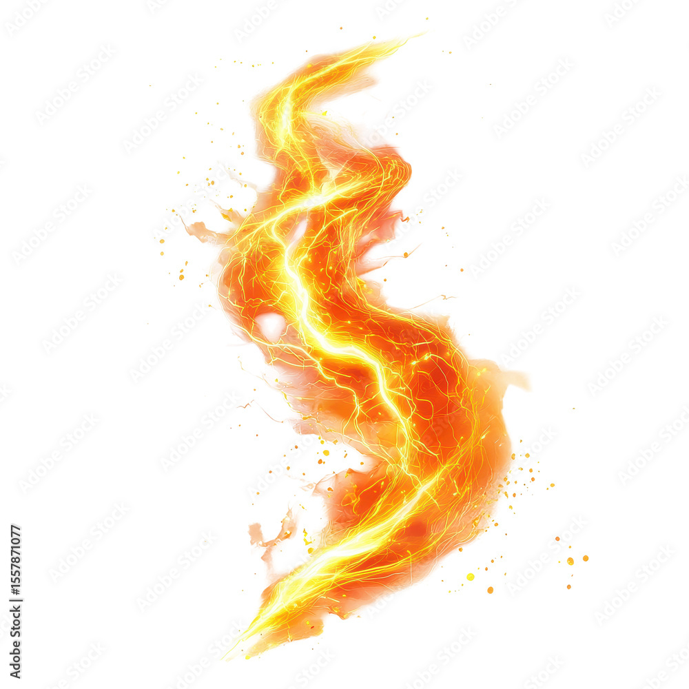 Poster dynamic orange lightning swirl with bright energy isolated on a transparent background, lightning is