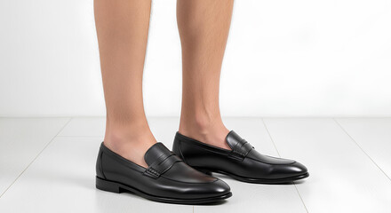 Blank loafers worn mockup, clean floor background, side view, isolated