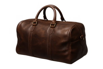 Rich brown leather duffel bag isolated on transparent background, luggage.