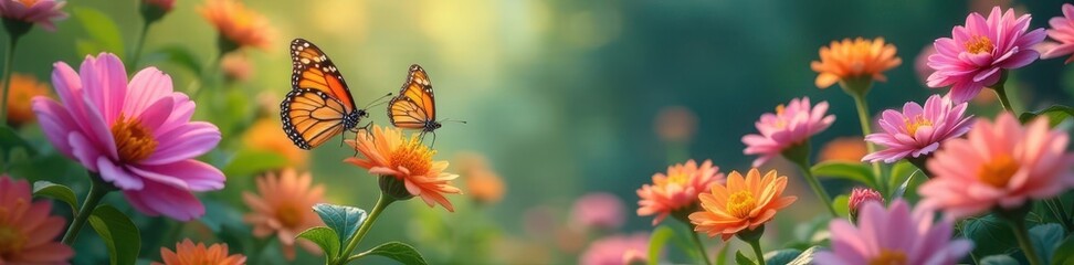 Fototapeta premium Delicate butterflies flitting amidst vibrant, blooming flowers , wildlife, enchanting, art