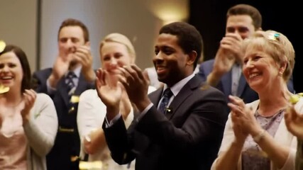 Happy business professionals applauding at corporate celebration event, seamless looping time-lapse 4k video background - Powered by Adobe