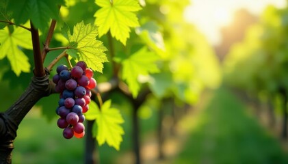 Mature grapevine branch with leaves and tendrils, sunlight , vineyard, viticulture