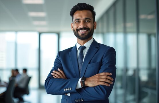 Smiling indian businessman in a modern office setting. Confident executive in suit, arms crossed, with happy expression. Successful business person, pro manager, ceo. Corporate portrait.