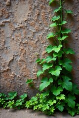 Small herb plant growing strong against rough stone wall with vines, foliage, lush growth, roadside plants
