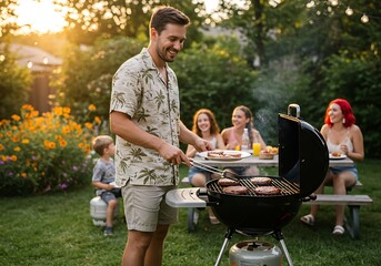 Golden Hour Backyard BBQ: Man Grilling Burgers for Friends and Family