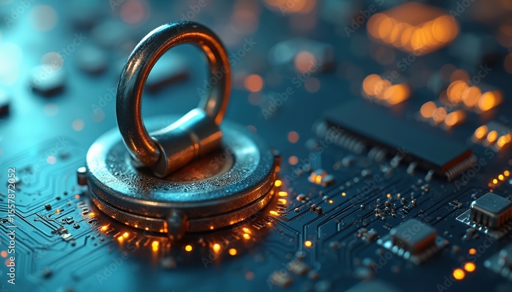 Poster cybersecurity concept. padlock on circuit board. data protection, network security, privacy tech. fi