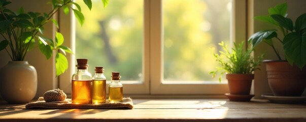Serene Home Interior Holistic Healing Space with Sunlight, Meditation Accessories, and Remedy Bottles