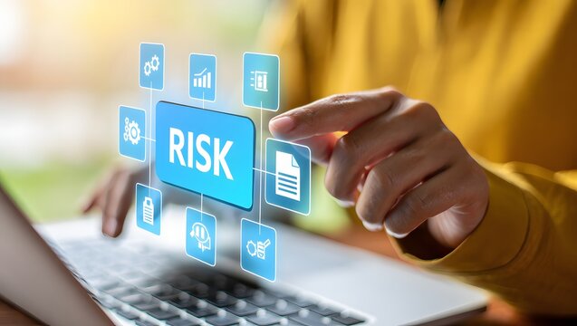 Risk management concept, Risk assessment. Person using laptop to business and personal planning for risk mitigation with information and decision.