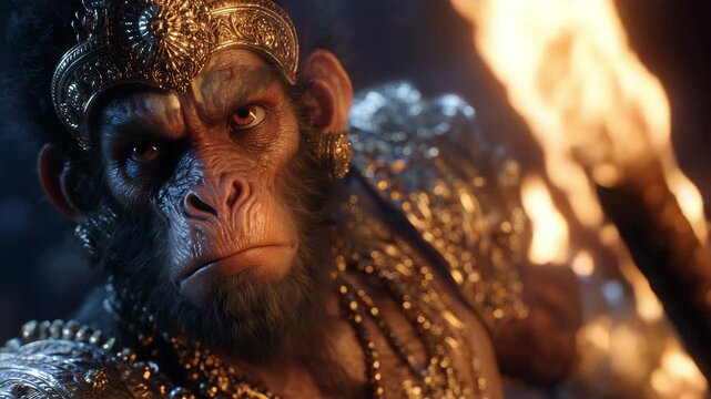 Photorealistic depiction of Hanuman, the mighty monkey god, growing large amidst flames, exuding strength and determination. Inspired by the Ramayana, Chapter 6.
