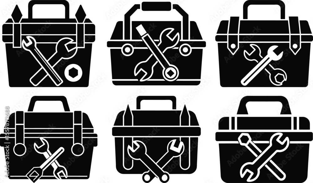 Poster vector art of collection of toolbox icons isolated on transparent background in black and white