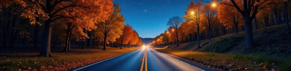 Autumn road with golden leaves under starry night sky, starry night sky, natural landscape