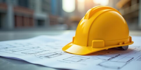 Bright yellow hard hat on construction site blueprint , safety officer, site, foreman