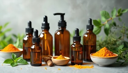 Natural cosmetic products set for skin hair care. Bottles essential oils, serum, dropper. Turmeric, rosemary, thyme powder in bowls on background green leaves. Spa relaxation. Beauty treatment.