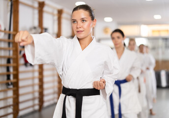 Sportive female practitioner of karate courses performing punches in sports hall