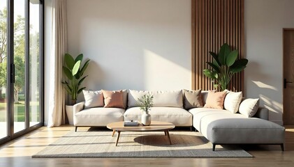 Bright, Airy Modern Living Room Comfortable Furniture, Natural Light, Calm & Inviting Atmosphere