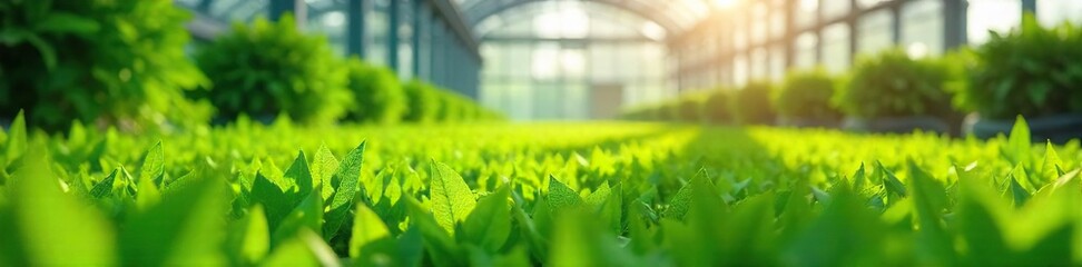 Vibrant Green Plants Flourishing in a Sunlit Modern Greenhouse Perfect for Botany, Agriculture, and Environmental Projects