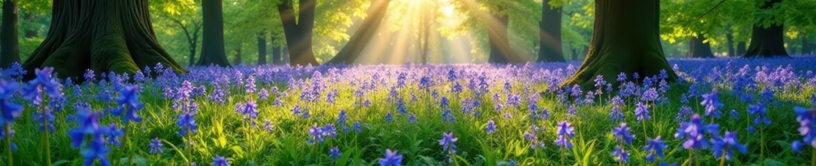 Obraz premium Dense carpet of bluebells under dappled sunlight in ancient woodland , flowers, woods, wildflowers