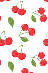 Cherry summer pattern on white background. Simple seamless pattern with cherries. Vector design for greeting card and invitation for seasonal summer holidays