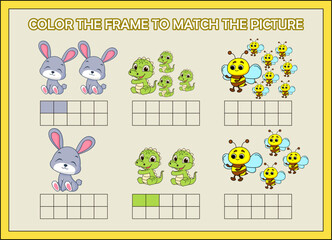 color the frame to match the animal.rabbit, alligator, bee