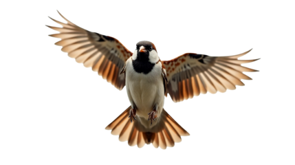House sparrow showcasing its earthy brown and gray feathers during an enthusiastic flight in natural surroundings