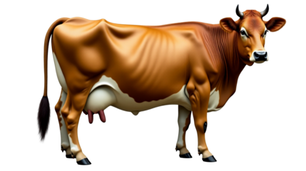 Jersey cow with warm tan coat and lighter belly standing gracefully in a sunlit pasture