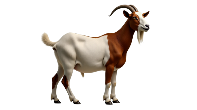 Boer goat stands proudly with muscular frame and distinctive markings in bright surroundings