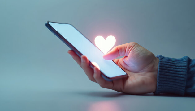 Hand holding smartphone with digital heart icon. Person using mobile app. Concepts love tech social media connection. Romance online, digital dating, virtual relationships.