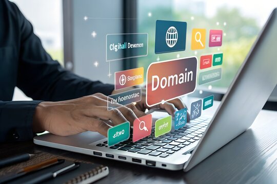 DNS domain name system and web server network system concept. Domain registration, website name, url address web page and hosting on website creation. Search website on computer laptop.