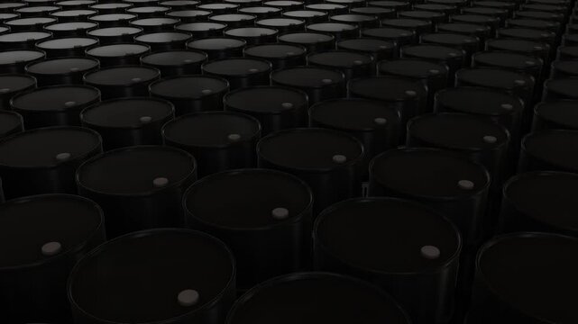 Black Metal Oil Drums in Warehouse &ndash; Loopable Fuel Trade Concept
