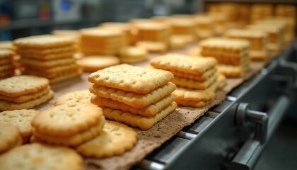 Golden baked crackers on production line in food factory. Concept of food processing, quality control in snack manufacturing. Conveyor belt transports stacks fresh, tasty products. Automated