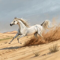 A watercolor painting of a white Arabian horse running freely in a desert with dust and motion. 