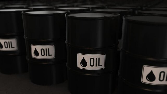 Black Metal Oil Drums in Warehouse &ndash; Loopable Fuel Trade Concept