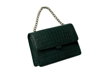 Luxurious dark green crocodile-embossed handbag isolated on transparent background