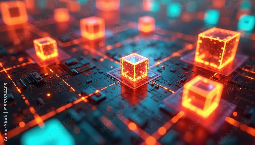 Poster futuristic tech digital cubes blocks network connection concept. abstract background with glowing ne