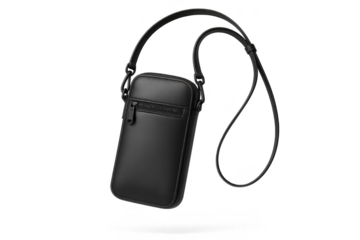Sleek black leather phone pouch with strap isolated on transparent background.