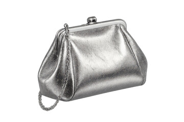 Classic silver metallic clutch bag isolated on a transparent background