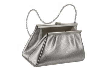 Elegant silver metallic clutch bag isolated on transparent background