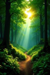 Sun-drenched forest, vibrant green canopy, shadowed valley, asymmetrical composition, shadows, natural