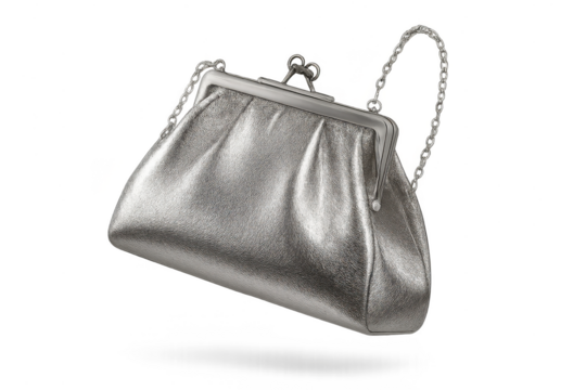 Elegant silver clutch bag with a chain handle, isolated on a transparent background.