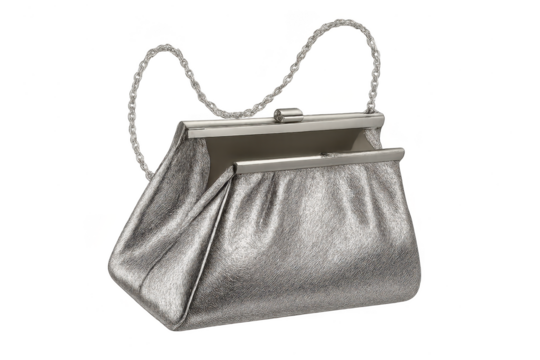 Elegant silver metallic clutch bag isolated on transparent background