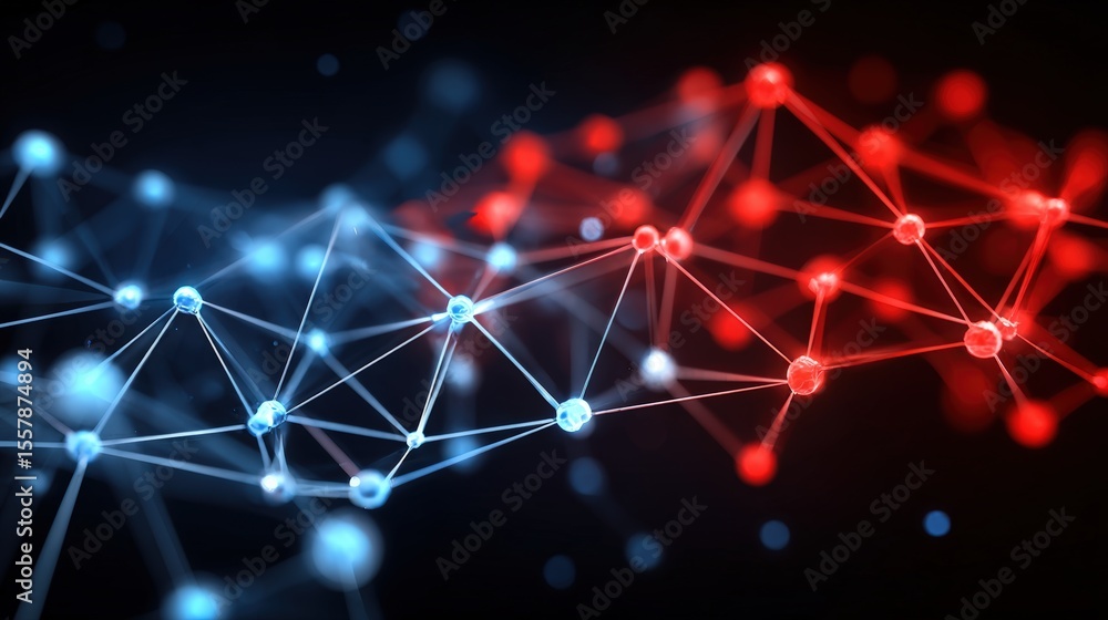 Poster close-up of glowing nanomaterial particle web structure in blue and red