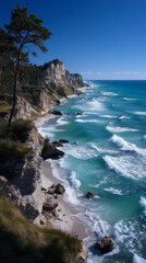 Coastal Landscape Turquoise Waters, Rocky Shore, and Pine Tree